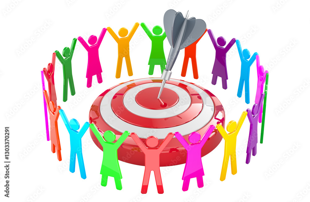 Poster teamwork concept. silhouettes, figures of people around target with arrow in bullseye, 3d rendering 