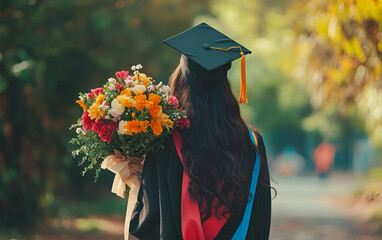 A proud graduate holding a bouquet of flowers, celebrating a significant achievement in a beautiful outdoor setting.