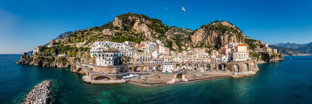 Aerial view of Atrani famous coastal village located on Amalfi Coast, Italy. Small town Atrani on Amalfi Coast in province of Salerno, Campania region, Italy. Atrani town on Amalfi coast, Italy.