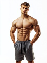 Fototapeta premium Handsome muscular man in fitness outfit isolated on bright white background with copy space