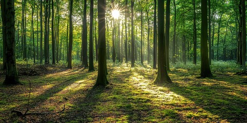 Obraz premium Radiant morning sunlight filtering into a pristine, untouched woodland
