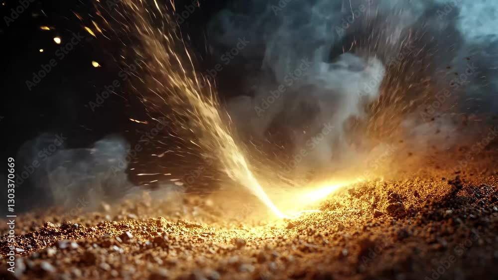 Poster creative visual of dirt charges and sparks illuminating the dark environment during an artistic even