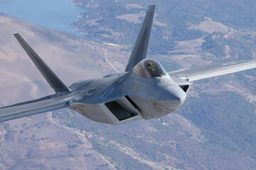 Close frontal view of a F-22 Raptor  over South California