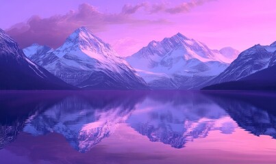 mountain landscape at dawn, with snow-capped peaks reflecting in the crystal-clear waters of Lake, as the sky transitions from purple to pink hues,