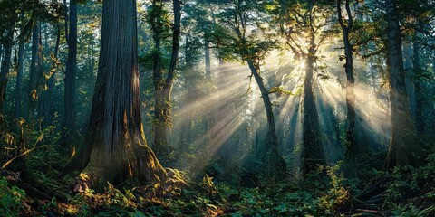 Fototapeta premium Rays of sun illuminating ancient forest trees, creating a scene of tranquility