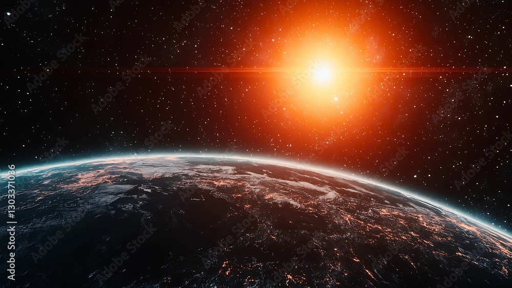 Wall mural a breathtaking view of earth from space with the sun shining brightly in the background.