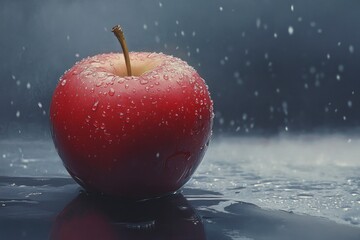 shiny red apple with water droplets on it, against a dark gray background