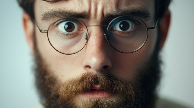 Close up portrait of stunned bearded young guy drops jaw, has bugged dark eyes, sees something unbelievable and surprising, has eyewear, isolated on white background. People, emotions concept