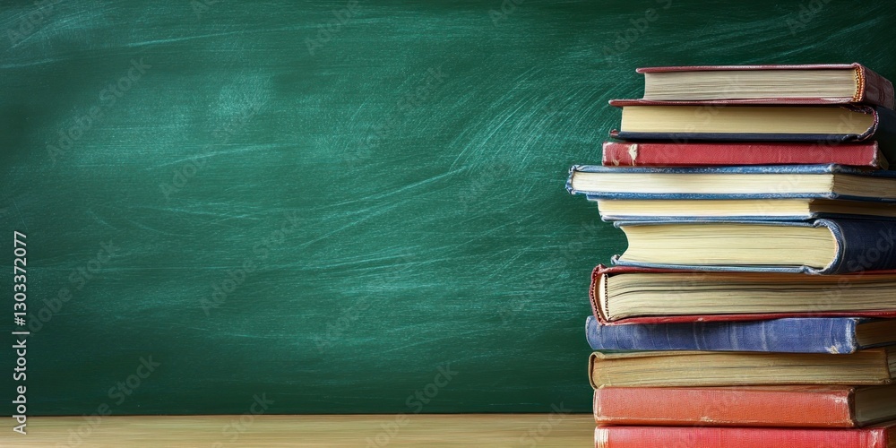 Poster stack of books on the right side with an empty green chalkboard background, representing education a