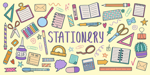 Hand drawn doodle colorful stationery elements set. Cute school elements with colorful doodles of pens, notebooks, rulers. Child education vector illustration