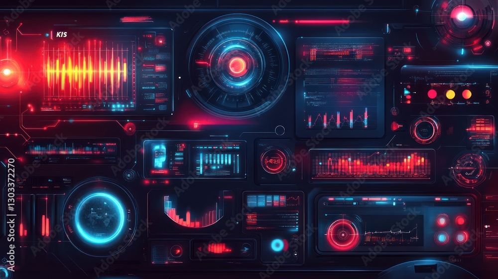 Poster futuristic hud interface with digital displays, graphs, and controls in red and blue.