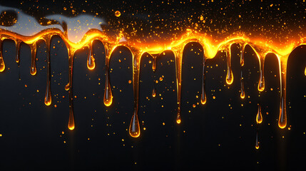 Black background with vibrant neon orange honey drips and splashes. Glossy, thick texture with a rich, luminous glow. Horizontal banner with copy space, minimal style.