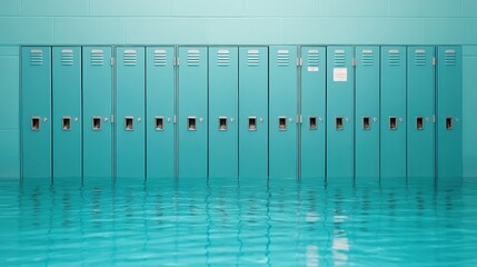 Fototapeta premium Teal lockers submerged in clear blue water, hallway flooded, possible water damage.