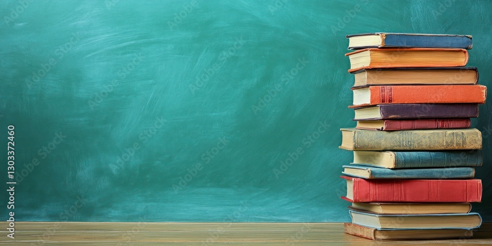 Poster stack of books on the right side with an empty green chalkboard background, representing education a