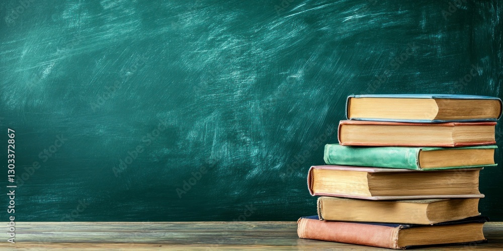 Poster stack of books on the right side with an empty green chalkboard background, representing education a