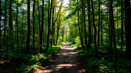 Obraz premium A serene forest pathway illuminated by sunlight, inviting exploration through lush greenery and tranquil surroundings, perfect for a refreshing outdoor adventure. 