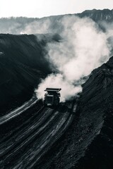 Mining truck transporting coal in a quarry, with dust in background, for energy use