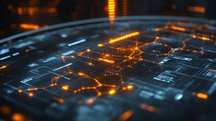 Futuristic digital circuit, glowing orange lines, circular interface