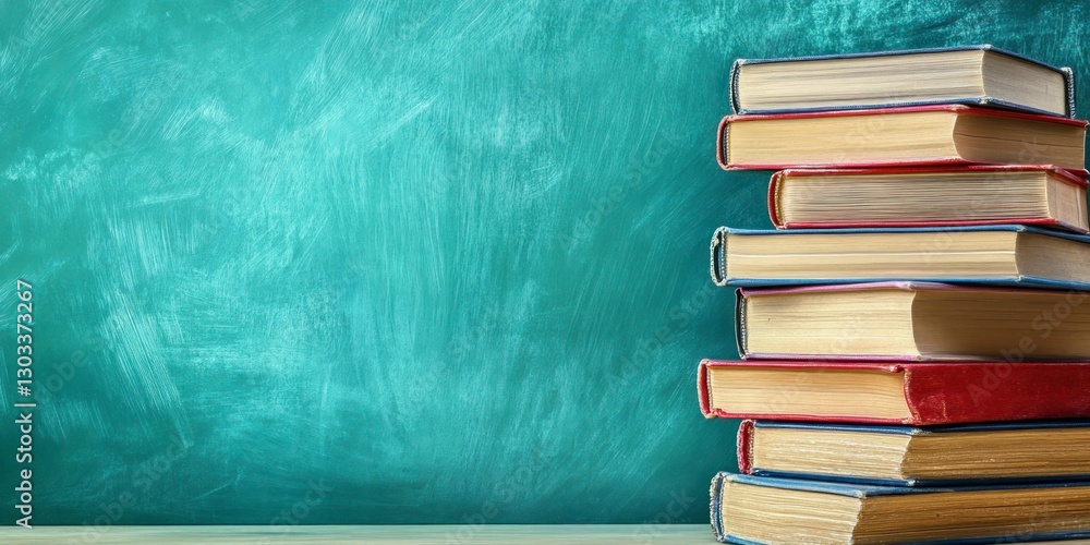 Poster stack of books on the right side with an empty green chalkboard background, representing education a