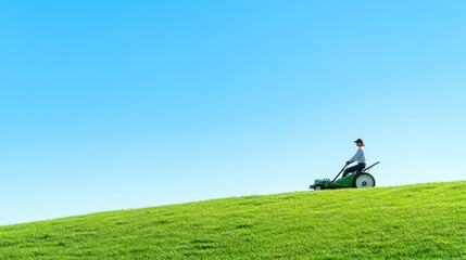 Serene Hillside Mowing: A Person on a Lawn Mower Enjoying a Sunny Day