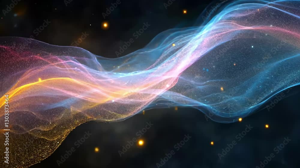 Poster colorful glowing particle light streak forms an ethereal galaxy display in deep space, colorful glow