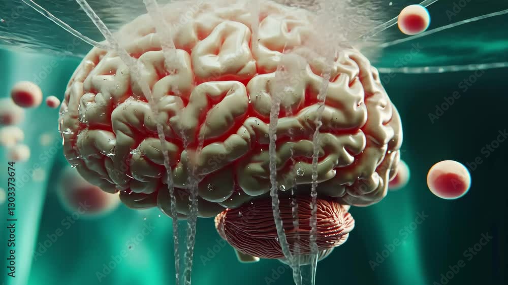 Poster captivating rotating view of a human brain showcasing intricate structures and textures, rotating br