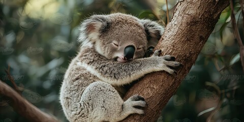 Obraz premium Sleepy koala hugging a eucalyptus tree branch