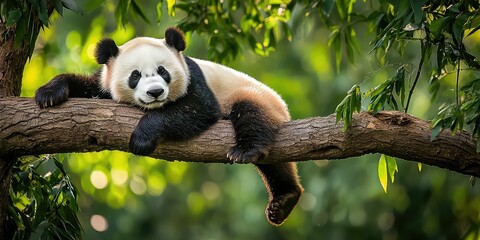 Fototapeta premium Sleepy panda bear resting on a thick tree branch