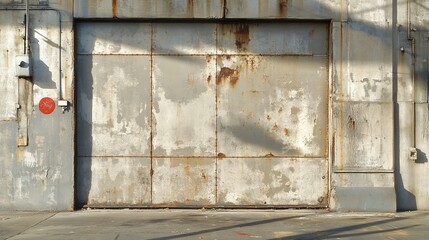 Worn metal door closes building entrance, concrete wall with aged texture