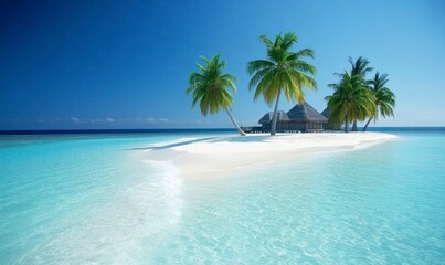 stunning beach with crystal-clear turquoise waters and palm trees, offering an idyllic vacation spot