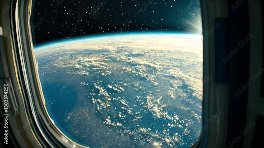 Aufkleber view of earth from a spacecraft drifting in outer space with vibrant sunlight illuminating the horiz