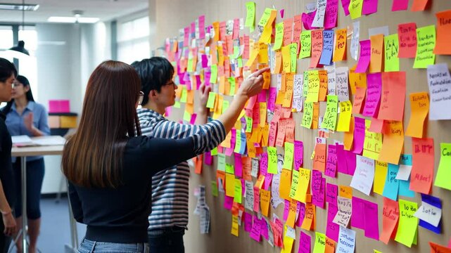 Business team collaborates on project ideas with sticky notes in office setting, business team reading sticky notes on the wall