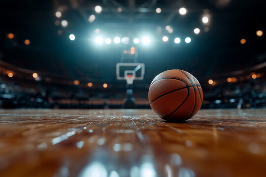A single basketball resting at the center of a dimly lit indoor basketball arena