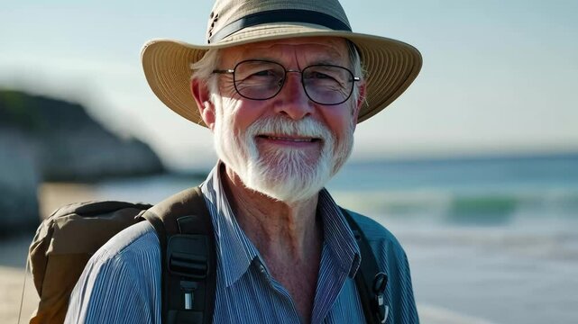 Mature man enjoys a leisurely walk by the beach on a sunny afternoon, A mature 66 year old man enjoying a walk at the beach in Southern California Slow Motion