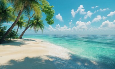 stunning beach with crystal-clear turquoise waters and palm trees, offering an idyllic vacation spot