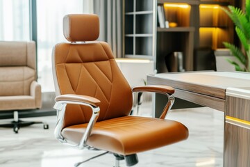 Luxurious brown leather office chair in a modern executive workspace