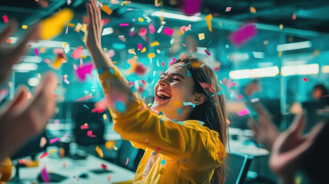 Celebrating Success: A Woman Rejoices Amidst Confetti