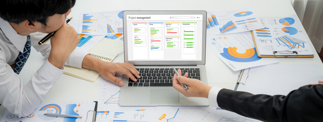 Project planning software for brisk business project management on the computer screen showing...