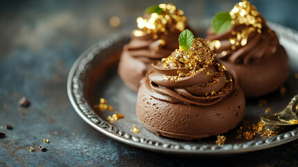 Fototapeta premium Indulgent chocolate dessert garnished with gold and mint, perfect for special occasions and gourmet presentations.