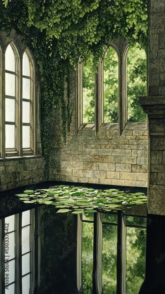 Poster tranquil moment in an abandoned stone structure with sunlight filtering through windows and water li