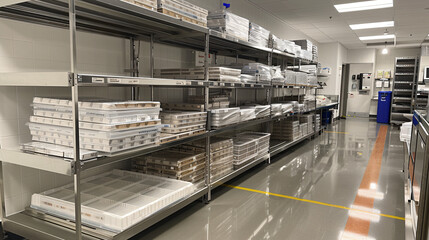 Fototapeta premium A modern production finished goods area with stacks of freshly sealed cartons on new pallets, a shiny metal shelving unit.