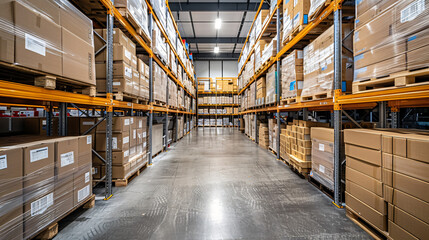 Fototapeta premium A modern production finished goods area with stacks of freshly sealed cartons on new pallets, a shiny metal shelving unit.