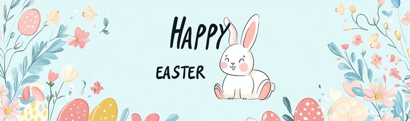 Fototapeta premium Cute Easter banner with bunny, eggs, and flowers. AI generated image