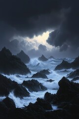 Fototapeta premium Stormy ocean waves crashing on rocky cliffs under dark, ominous clouds. Serenity