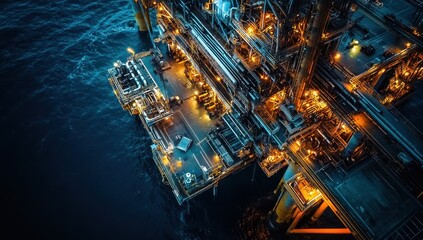 Aerial View of Offshore Oil Rig at Night with Illuminated Structures, Machinery, and Calm Ocean Waters Underneath in Deep Blue Color Palette