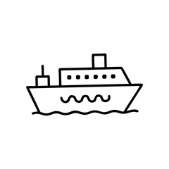 Obraz premium Ship icon sailing on waves, symbolizing travel and adventure, black outline, modern design