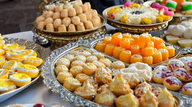 Ramadan food made from assorted middle eastern sweets maamoul, basbousa, awameh. Concept of celebration traditional arabic Eid al Adha, Eid al Fitr 

