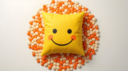 Yellow Smiley Face Pillow Red Cheeks Orange White Round Candies - Cheerful Playful Home Decor Sweet Food Still Life