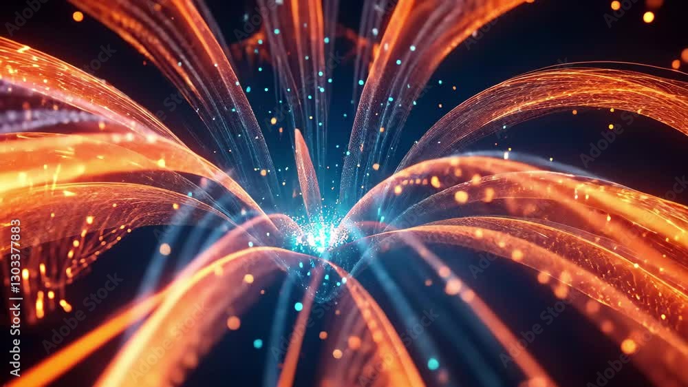 Poster Digital particle representation of a firework explosion in vibrant colors and intricate patterns, Digital Particle of a Firework