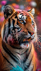 Obraz premium Holi Festival of Colours Animal Concept, Holi festival tiger, colourful powder explosion, Holi festival flowers, cinematic lighting, Indian Hinduism festival, vibrant Holi festive colours